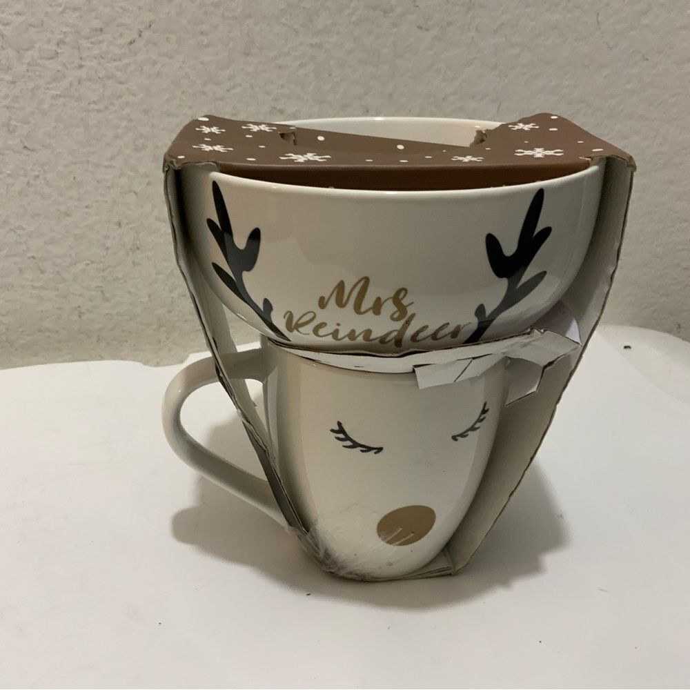 Eaton Fine Dining 2 Piece Christmas Mrs Reindeer Bowl & Mug Set New in Original